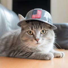 Cat wearing workers hat, labor day celebration 