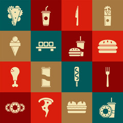 Set Paper glass with drinking straw and donut, Fork, Burger, Knife, Sushi cutting board, Ice cream waffle cone, Sandwich and burger icon. Vector
