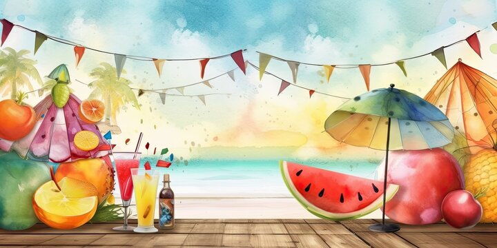 watercolor painting summer celebration party, generative AI Art