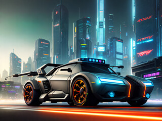 Concept Off-Road Car in a Futuristic Cyberpunk Sci-Fi City at night, generative ai