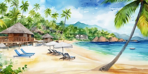 Fototapeta na wymiar watercolor painting vacation resort and cabana, generative AI Art