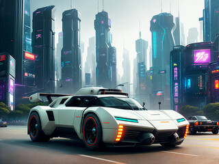 Futuristic Concept Car in a Cyberpunk CIty Setting, generative ai
