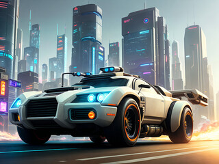 Brutal Futuristic Concept Car with a Cyberpunk City in the Background, generative ai