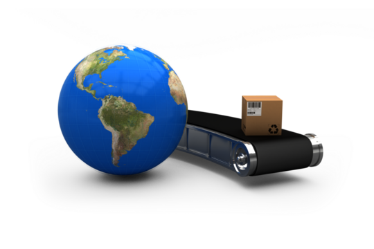 3D image of planet Earth by cardboard box on production line 