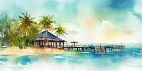 Fototapeta na wymiar watercolor painting vacation resort and cabana, generative AI Art