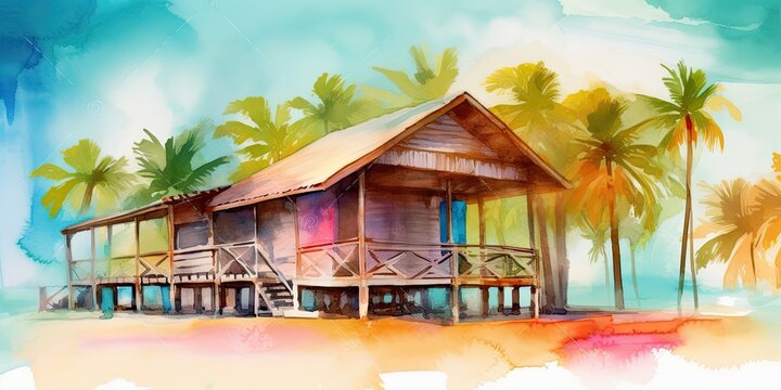 watercolor painting vacation resort and cabana, generative AI Art