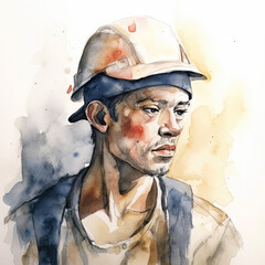 A worker man in the hat, watercolor