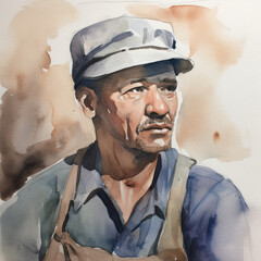 A worker man in the hat, watercolor