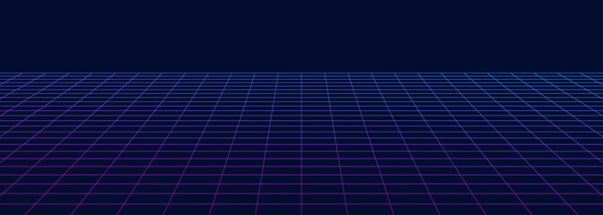 Perspective grid abstract background. Wireframe neon landscape banner in 80s style