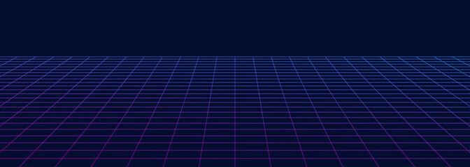 Perspective grid abstract background. Wireframe neon landscape banner in 80s style