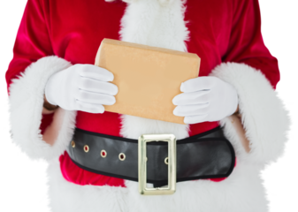 Mid section of santa claus holding box