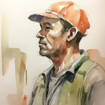 A worker man in the hat, watercolor