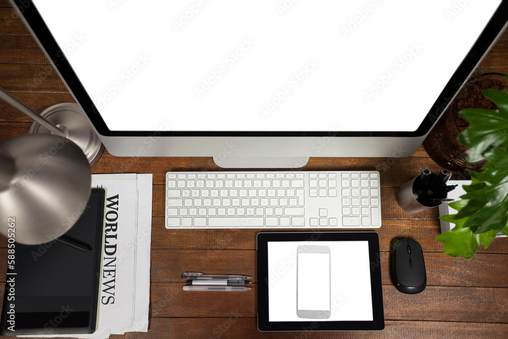 Aufkleber overhead view of computer with digital tablet and mobile phone