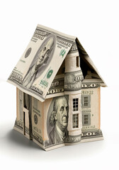 Little house made of money on white background. Generative ai