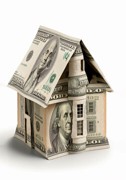Little house made of money on white background. Generative ai
