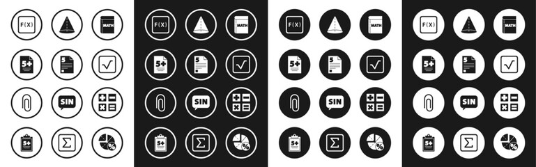 Set Book with word mathematics, Test exam sheet, Function mathematical symbol, Square root, Geometric figure Cone, Calculator and Paper clip icon. Vector