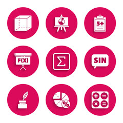 Set Sigma symbol, Graph, schedule, chart, diagram, Calculator, Mathematics function sine, Feather and inkwell, Chalkboard, Test exam sheet and Geometric figure Cube icon. Vector