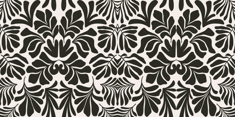 Black and white abstract background with tropical palm leaves in Matisse style. Vector seamless pattern with Scandinavian cut out elements. - 588505460