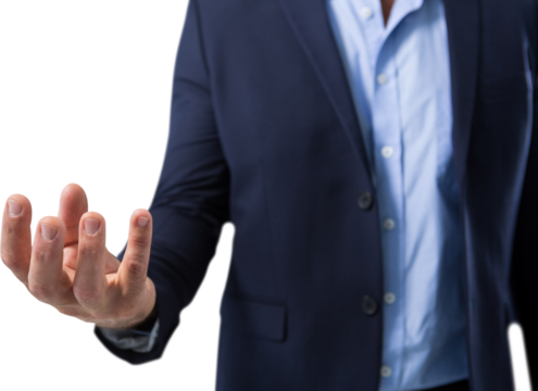 Mid section of businessman holding invisible product