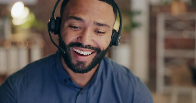 Crm, communication or black man in call center explaining, helping or talking in telecom company office. Friendly, contact us or telemarketing sales agent speaking online in customer service at night