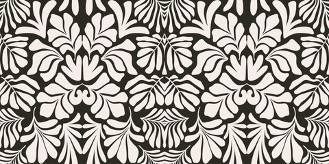 Black and white abstract background with tropical palm leaves in Matisse style. Vector seamless pattern with Scandinavian cut out elements.