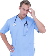 Upset male surgeon suffering from headache