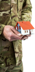 Mid section of military soldier holding model home