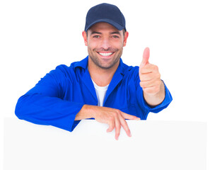 Mechanic with blank placard gesturing thumbs up