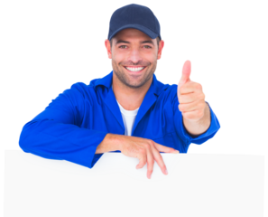 Mechanic with blank placard gesturing thumbs up
