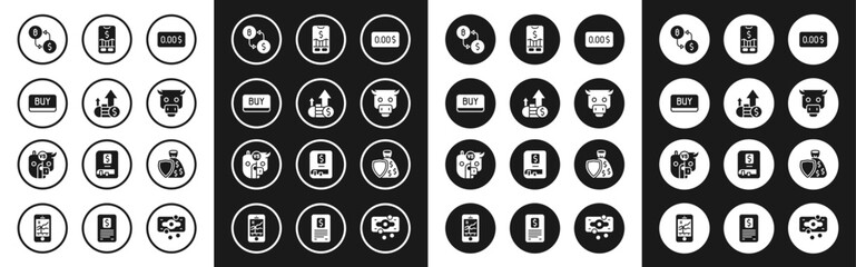 Fototapeta premium Set Zero cost, Financial growth and coin, Buy button, Cryptocurrency exchange, Bull market, Mobile stock trading, Shield money bag and bear of icon. Vector