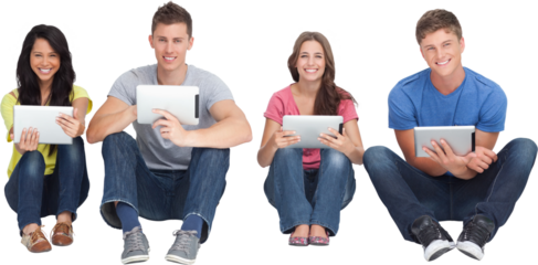 A group of people sitting beside each other with tablets while looking at the camera
