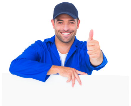 Mechanic with blank placard gesturing thumbs up