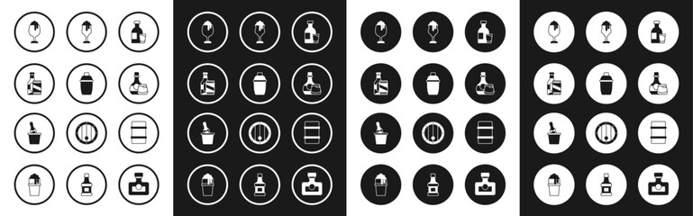 Set Bottle of vodka with glass, Cocktail shaker, Beer bottle and beer can, Glass, Whiskey, Metal keg and Champagne in ice bucket icon. Vector