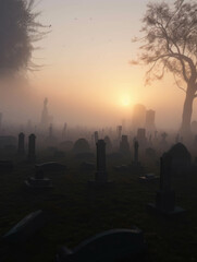 Gloomy avestones rising from foggy aves in a aveyard at sunset. Gothic art. AI generation.