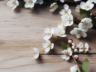 Spring blossom on wooden background, pretty blooms, generative AI digital illustration