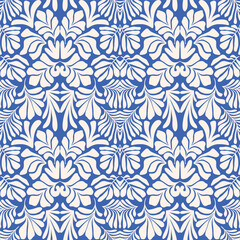Blue white abstract background with tropical palm leaves in Matisse style. Vector seamless pattern with Scandinavian cut out elements.