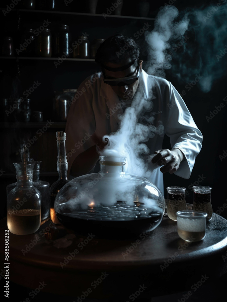 Poster a cauldron bubbles and smokes in a dimly lit laboratory while a figure in a white lab coat studies a
