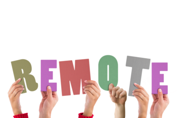 Colorful alphabet spelling remote held up by people 