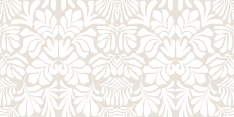 Beige white abstract background with tropical palm leaves in Matisse style. Vector seamless pattern with Scandinavian cut out elements.