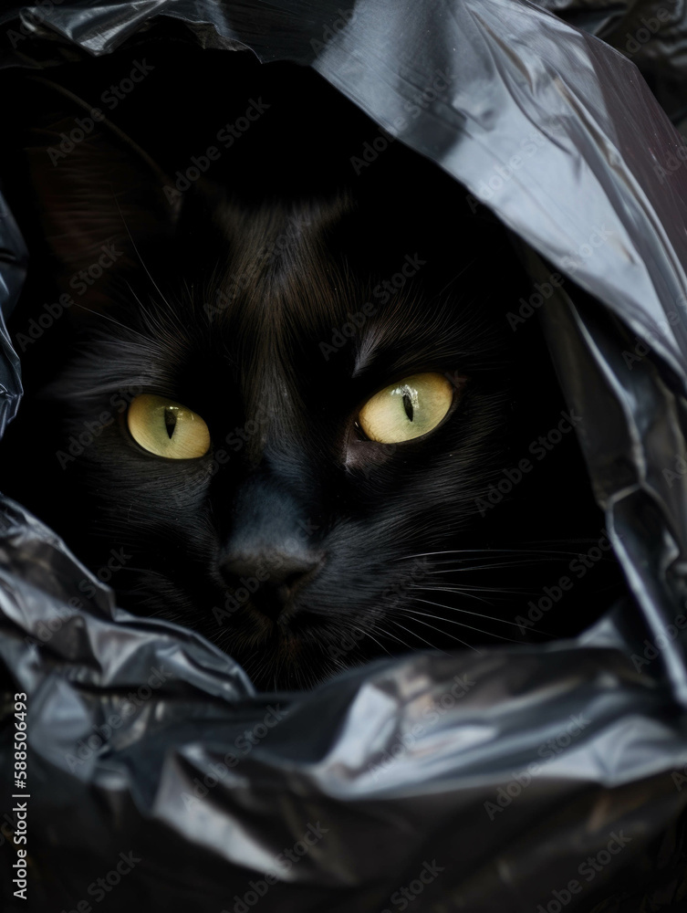 Poster a cat nestled ast the contents of a black garbage bag licking its fur clean.. ai generation.