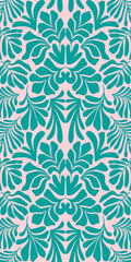 Turquoise pink abstract background with tropical palm leaves in Matisse style. Vector seamless pattern with Scandinavian cut out elements.