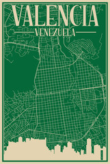 Colorful hand-drawn framed poster of the downtown VALENCIA, VENEZUELA with highlighted vintage city skyline and lettering