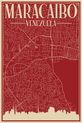 Colorful hand-drawn framed poster of the downtown MARACAIBO, VENEZUELA with highlighted vintage city skyline and lettering