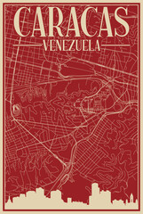 Colorful hand-drawn framed poster of the downtown CARACAS, VENEZUELA with highlighted vintage city skyline and lettering