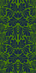 Dark blue green abstract background with tropical palm leaves in Matisse style. Vector seamless pattern with Scandinavian cut out elements.