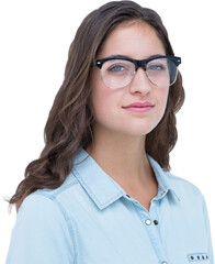 Pretty geeky hipster looking at camera