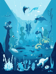 A crystal blue lagoon fills with creatures of all shapes and sizes.. AI generation.