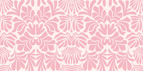Pink white abstract background with tropical palm leaves in Matisse style. Vector seamless pattern with Scandinavian cut out elements.