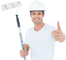 Man holding paint roller while gesturing thumbs up