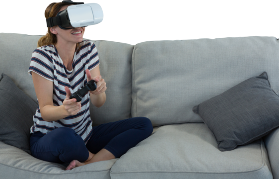 Woman using virtual reality headset and joystick